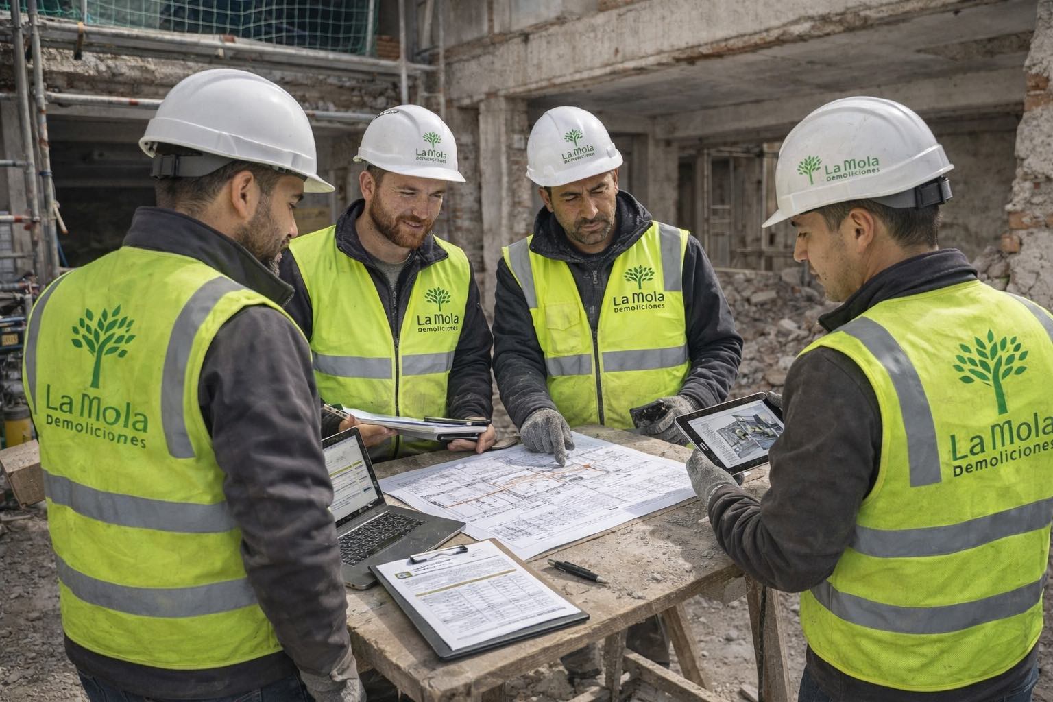 Equipo técnico de Demoliciones La Mola planificando una obra de demolición